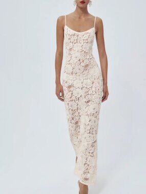 Reformation Parma Miai Dress Small Honey Lace Sequin Wedding Sheer Party
